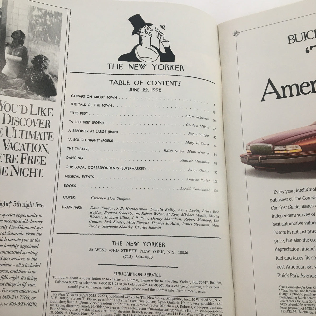 Table of contents from The New Yorker magazine dated June 22, 1992, featuring articles and poems by various authors, including the cover by Gretchen Dow Simpson. Highlighting sections such as 'The Talk of the Town' and 'Musical Events.'