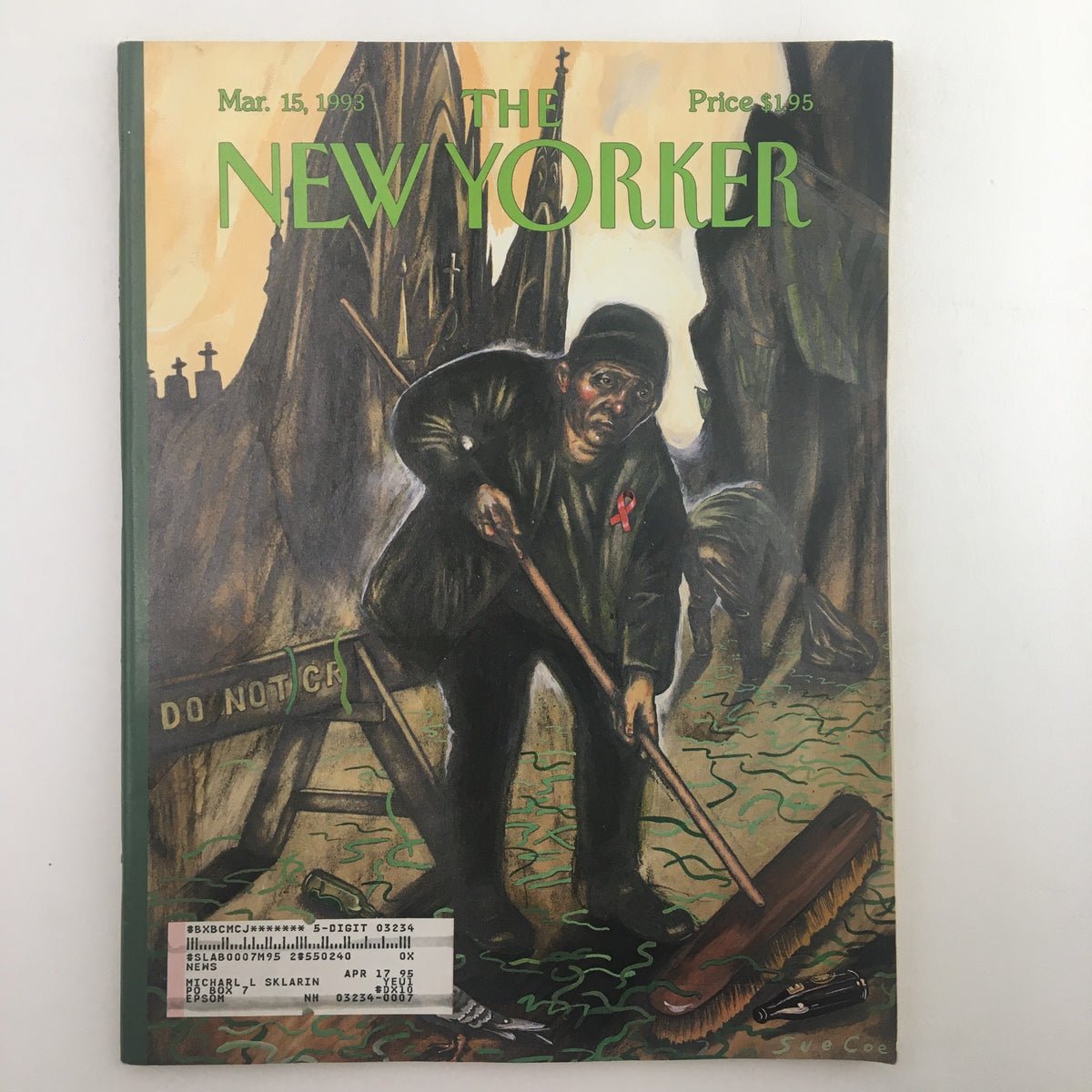 The New Yorker Full Magazine, March 15, 1993 - Cover Image featuring the artwork 'Broomstick of the Lord' by Sue Coe, showcasing a figure sweeping in a stark environment.