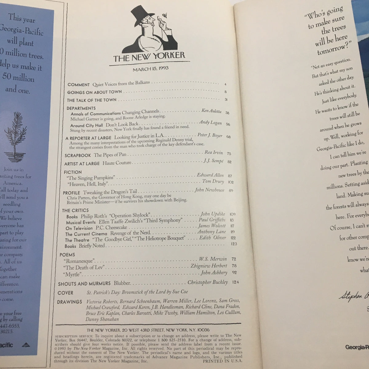 The New Yorker Full Magazine, March 15, 1993 - Table of contents page highlighting various articles including 'Broomstick of the Lord' by Sue Coe and other features.