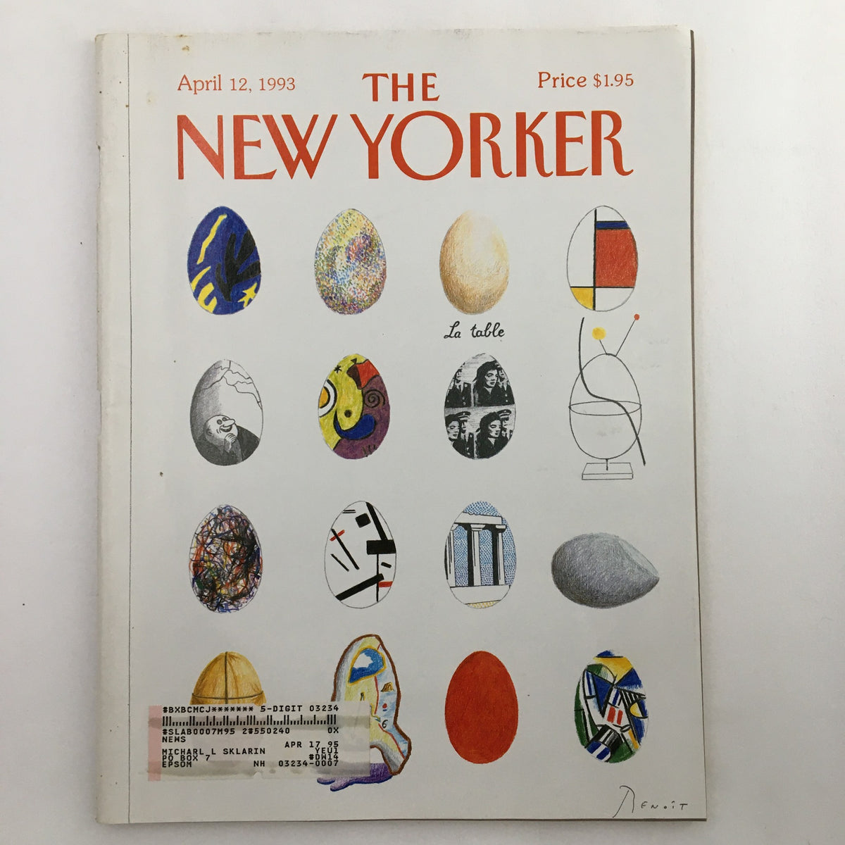 Cover of The New Yorker magazine from April 12, 1993, featuring an artistic design of various eggs, priced at $1.95, associated with the article 'Shell Games' by Benoit van Innis.
