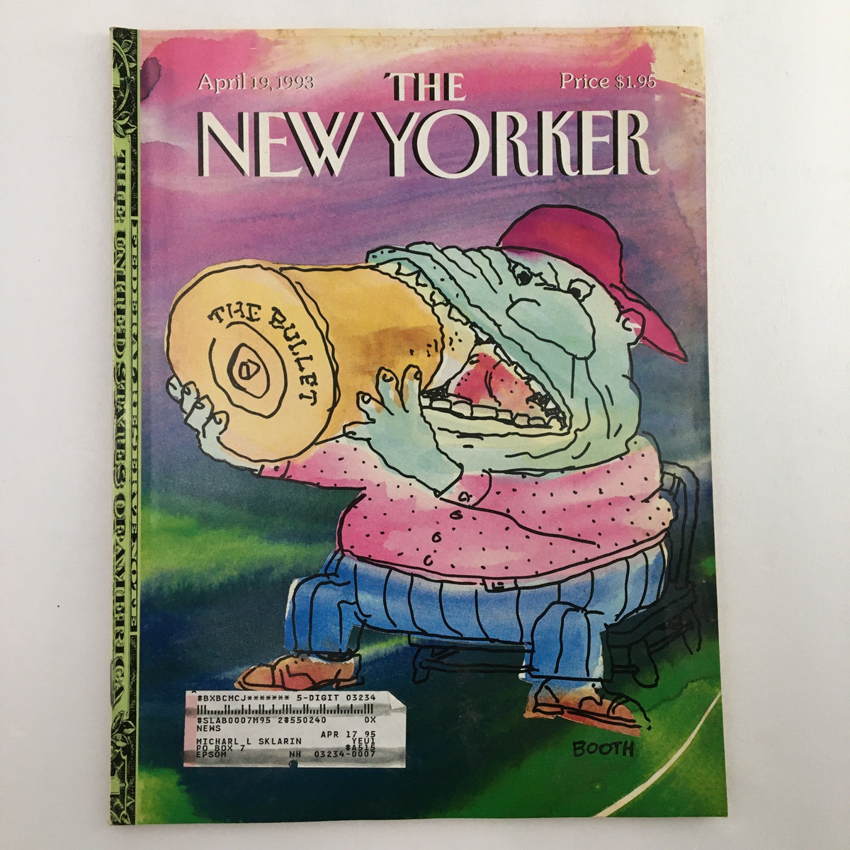 Cover of The New Yorker magazine from April 19, 1993, featuring a cartoon illustration by George Booth depicting a whimsical character holding a large magazine titled 'THE BULLET'. The magazine is in good condition and has an address label on the front.