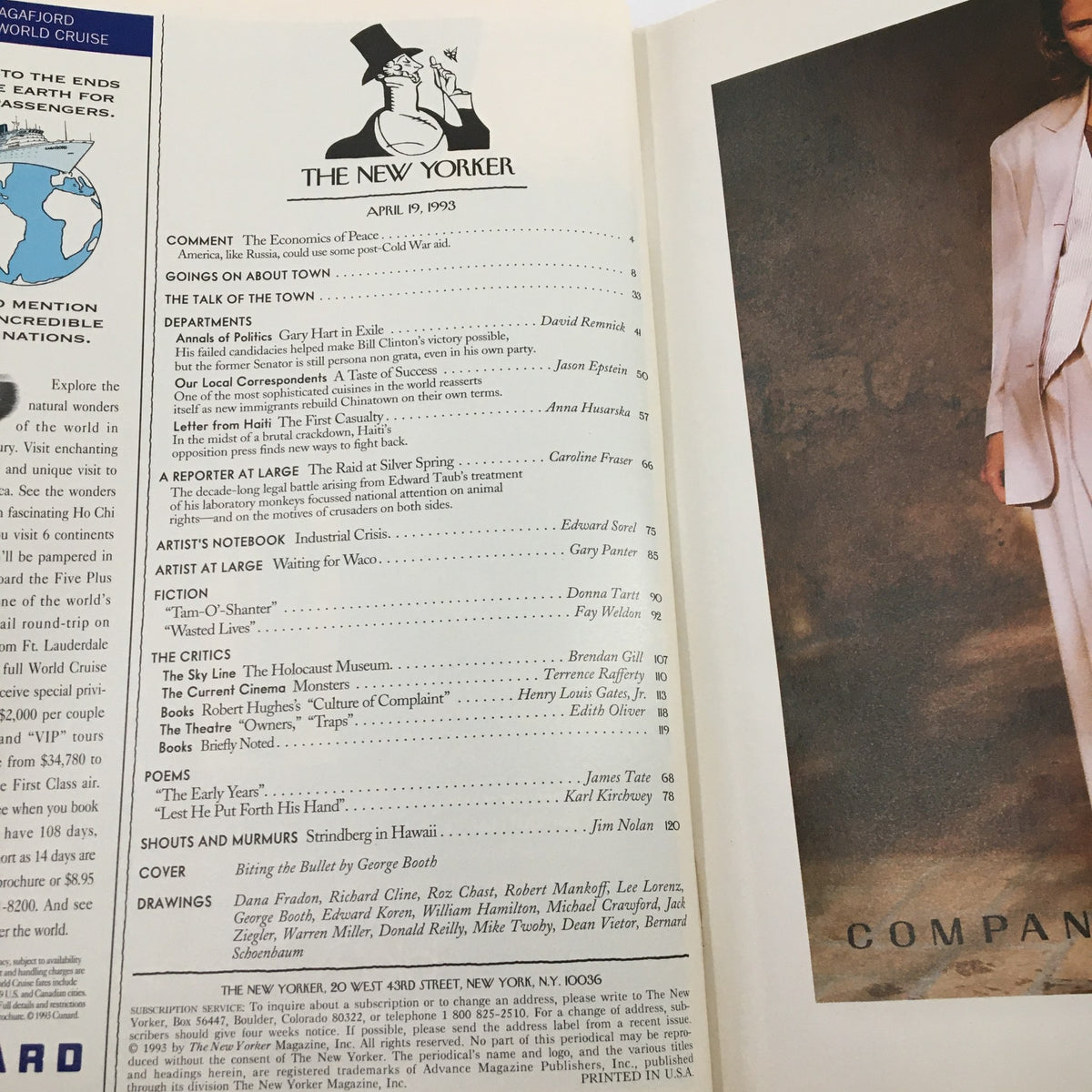 The New Yorker magazine from April 19, 1993, featuring the table of contents including articles such as 'Biting the Bullet' by George Booth, alongside illustrations and details on various sections like 'The Talk of the Town' and 'Features'.