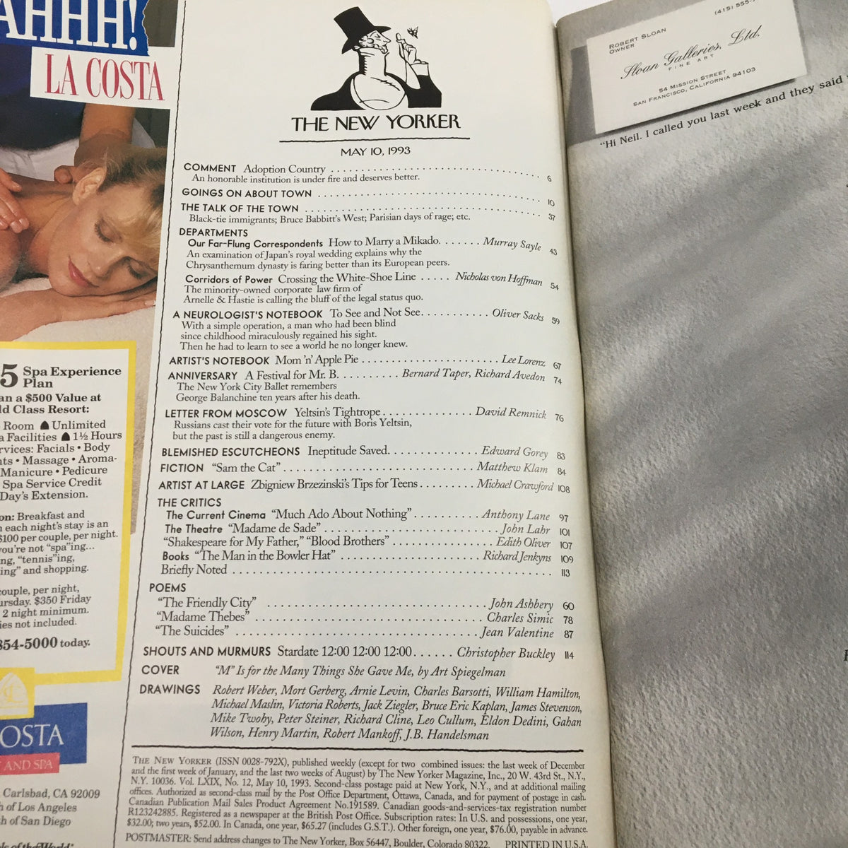 Table of contents page of The New Yorker magazine, May 10, 1993 detailing articles and features, including the story 'M is for Many Things' by Art Spiegelman, encapsulating the publication's blend of culture and commentary.