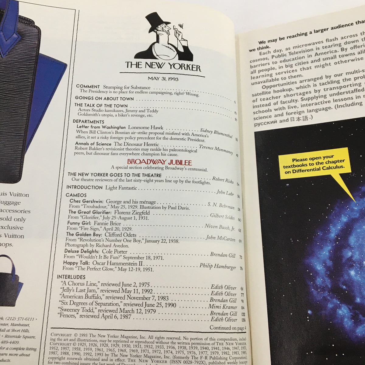 Inside page of The New Yorker magazine, May 31, 1993, displaying a table of contents with sections including 'Broadway Jubilee', articles, and contributors, reflecting the publication's cultural commentary.