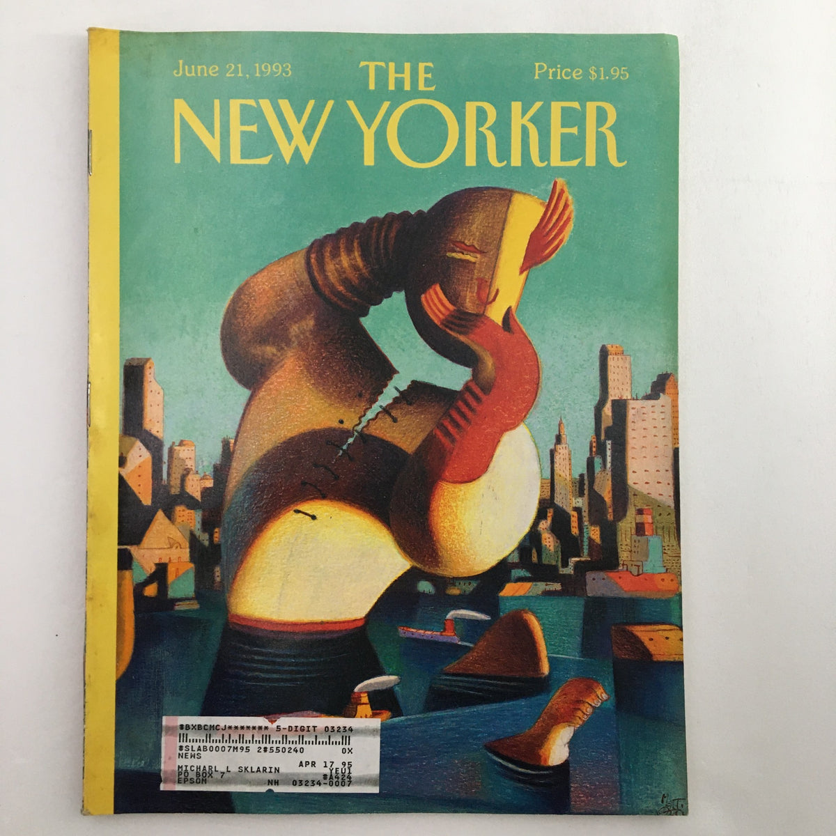 The New Yorker magazine cover from June 21, 1993 featuring the artwork 'Mannahatta Rising' by Lorenzo Mattotti. The cover showcases a stylized figure against a city skyline, emphasizing urban themes.