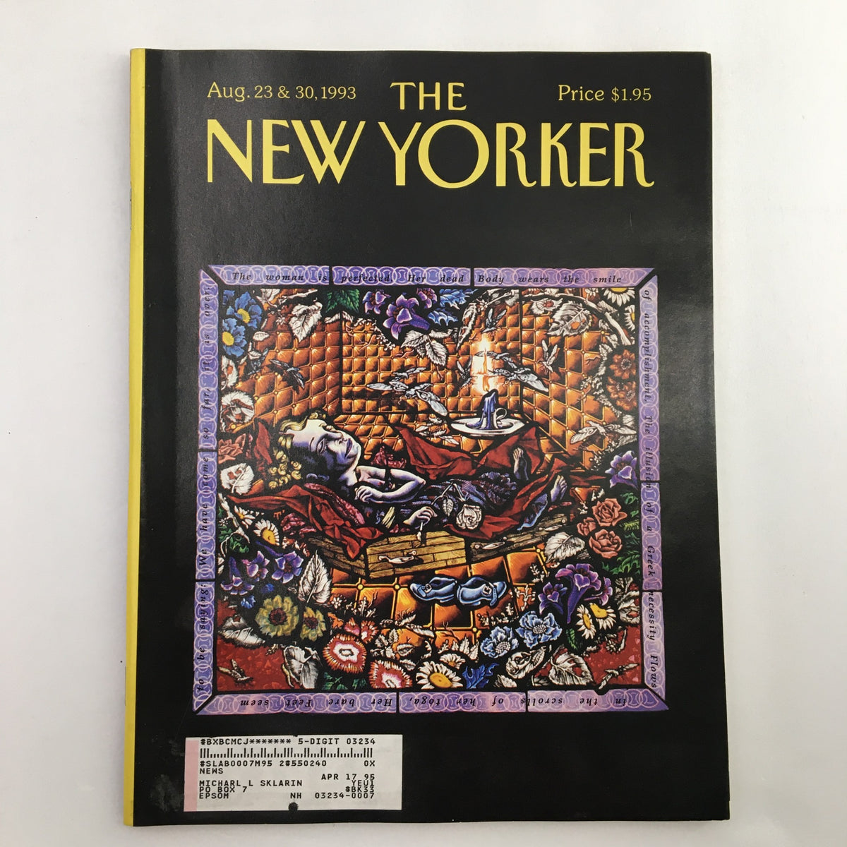 Cover of The New Yorker Full Magazine from August 23, 1993, featuring the artwork 'Night Flower' by Sylvia Path. The magazine title is prominently displayed in bold yellow typography with colorful illustrations of flowers and a figure on the cover.
