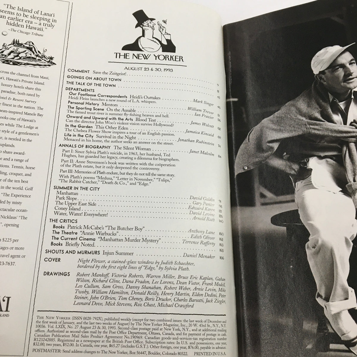 Interior page from The New Yorker Full Magazine, August 23, 1993, showcasing the table of contents. Highlights include sections on commentary and various articles, including 'Night Flower' by Sylvia Path, with a sleek design typical of The New Yorker.