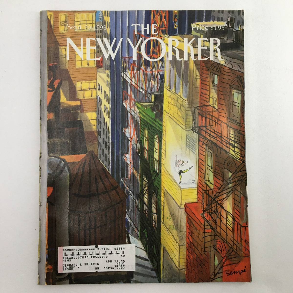 Cover of The New Yorker magazine from September 20, 1993, titled 'Arabesque' by Jean Jacques Sempe, featuring a colorful illustration of city buildings with a dancer on a balcony.