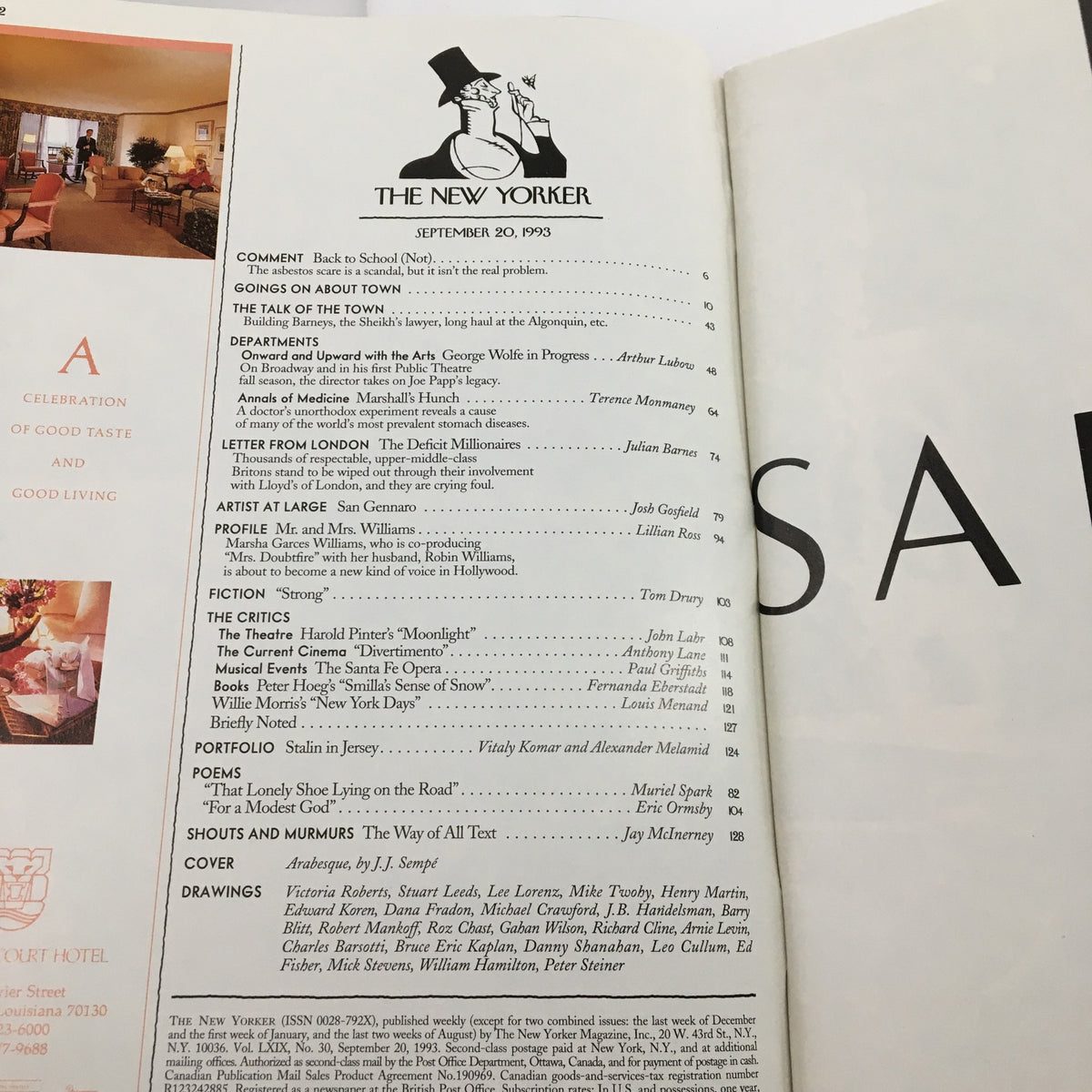 Table of contents page from The New Yorker magazine, September 20, 1993, detailing various articles, features, and illustrations inside, including 'Arabesque' by J.J. Sempe.