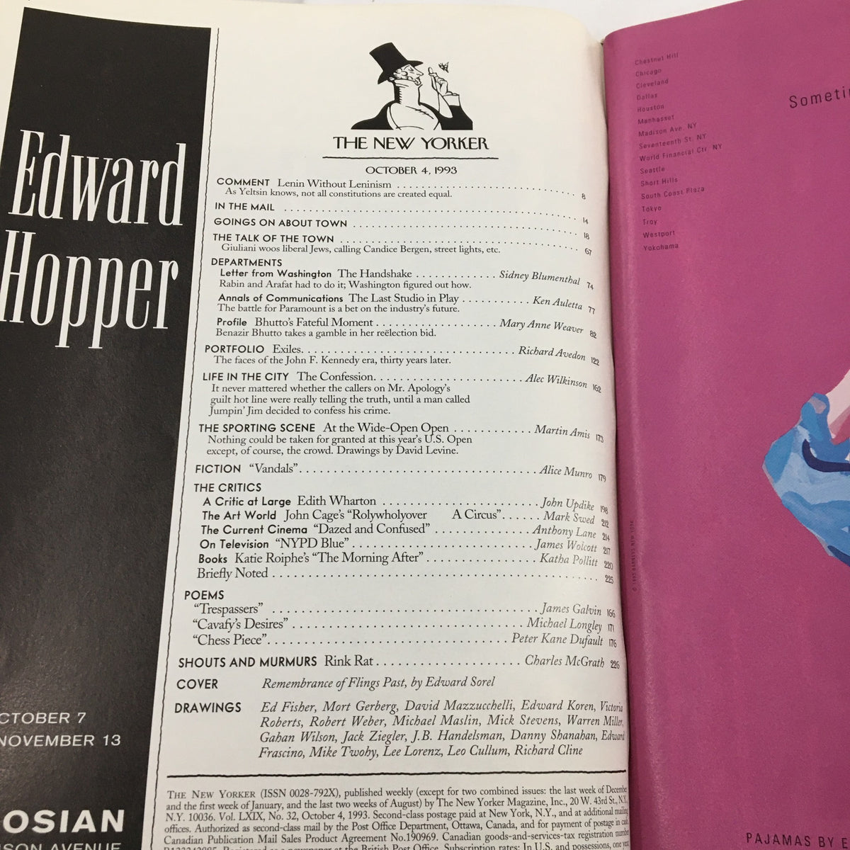 Inside page of The New Yorker magazine October 4, 1993, showcasing the table of contents with the title 'Remembrance of Flings' by Edward Sorel, and a list of featured articles and illustrations.