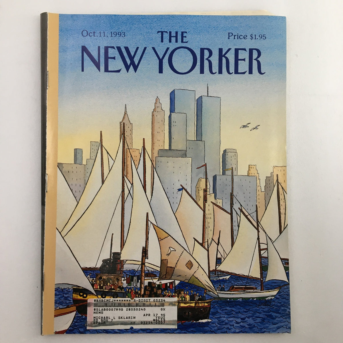 Cover of The New Yorker Magazine, October 11, 1993, featuring artwork by Jacques de Loustal, depicting sailboats in front of a city skyline.