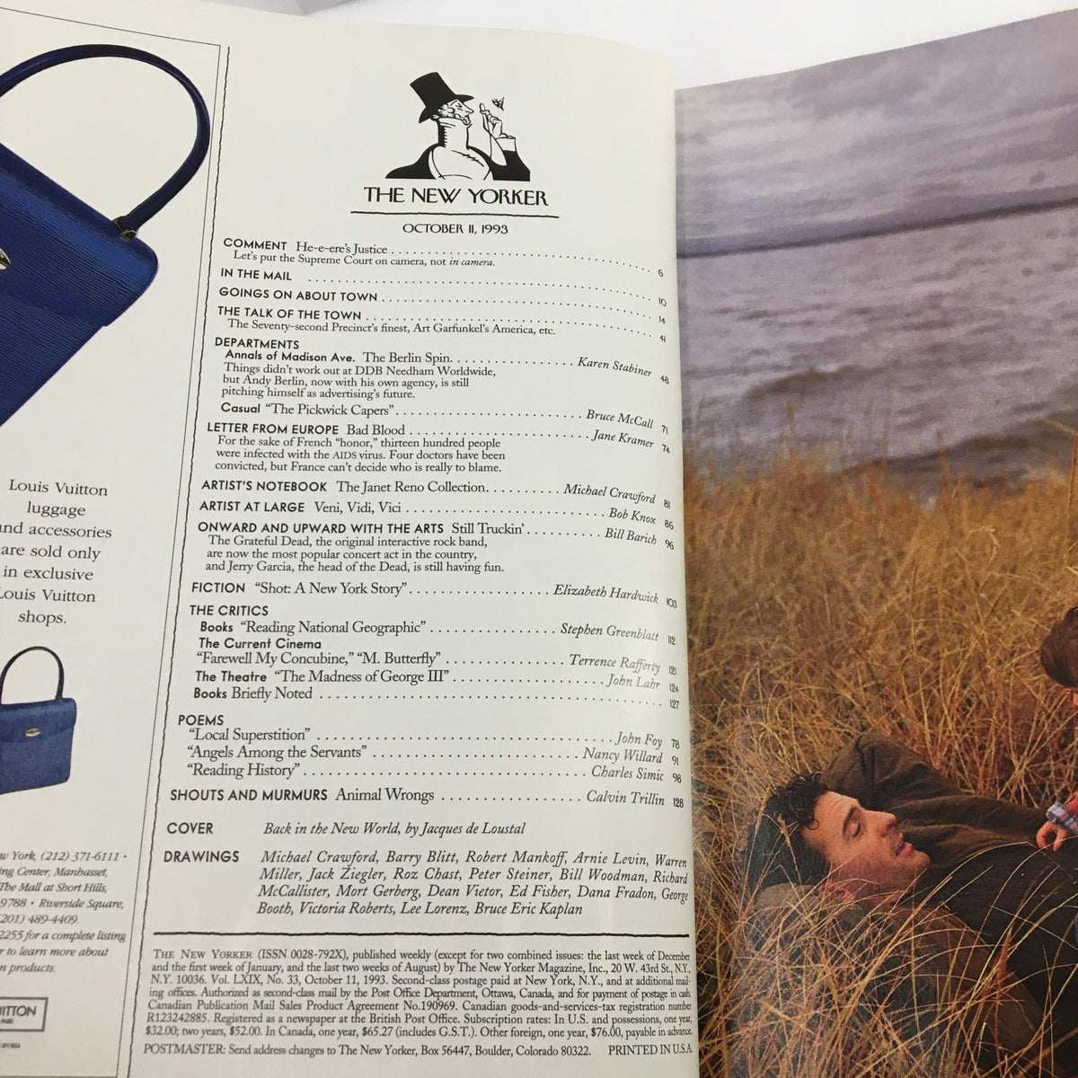Table of contents page from The New Yorker Magazine, October 11, 1993, listing articles and features including 'Back in the New World' by Jacques de Loustal.