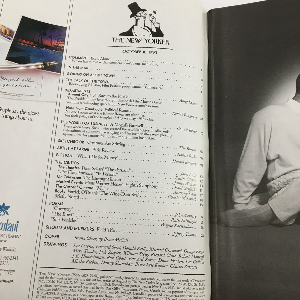 Table of contents from The New Yorker magazine, October 18, 1993, featuring articles and sections including commentary, features, and the cover illustration 'Bronx Cheer' by Bruce McCall.