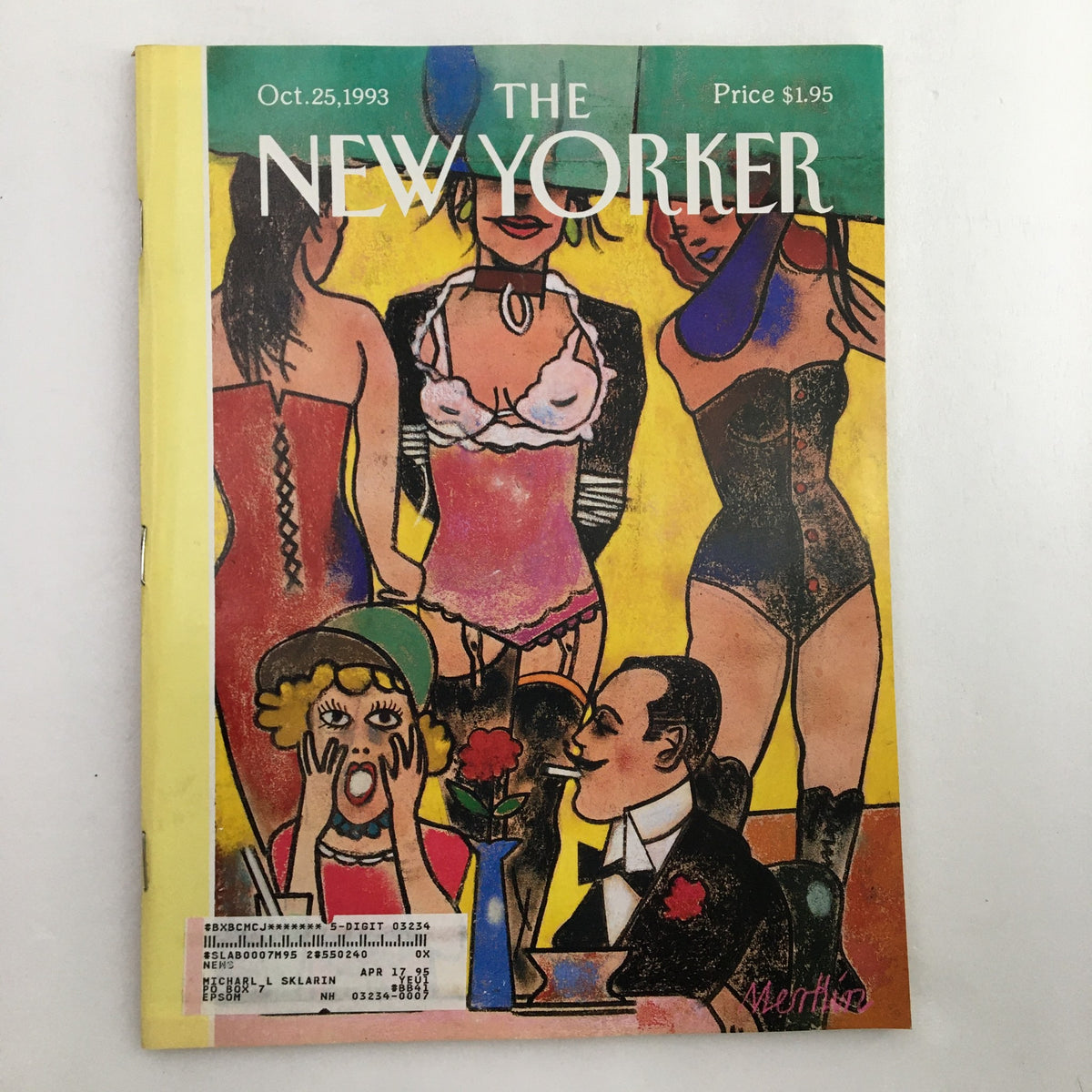Cover of The New Yorker Full Magazine, October 25, 1993, featuring 'Couture de Sade' by Richard Merkin. The cover art depicts a vibrant scene with figures in fashionable attire and bold colors, embodying the artistic style of the 90s.