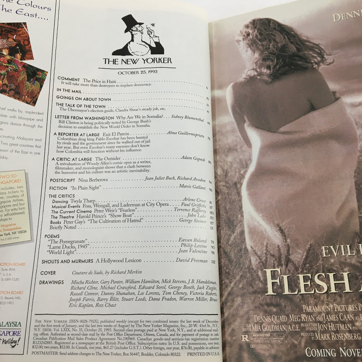 Inside page of The New Yorker Full Magazine, October 25, 1993, showcasing the table of contents including the cover story "Couture de Sade" by Richard Merkin, along with featured articles and illustrations.