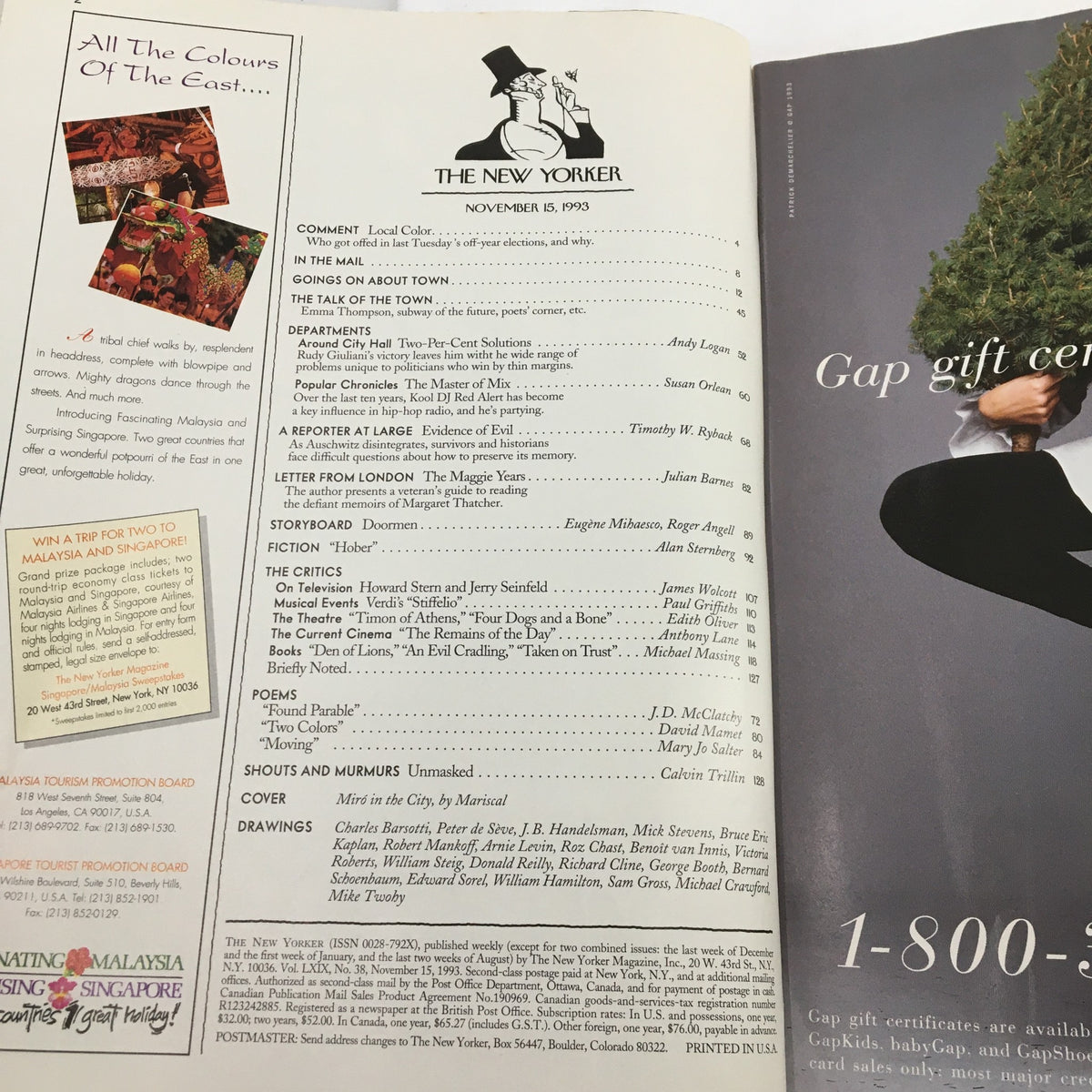 Inside page of The New Yorker magazine, November 15, 1993, displaying the table of contents with article titles and authors, emphasizing its literary heritage.