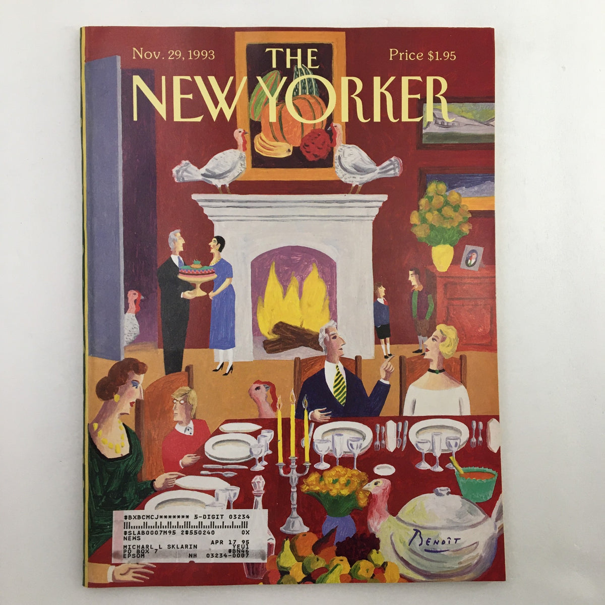 The New Yorker Full Magazine November 29 1993 featuring the cover art titled 'Guess Who's Coming to Dinner' by Benoit van Innis, depicting a festive dinner scene with a dining table set and guests engaging in conversation.