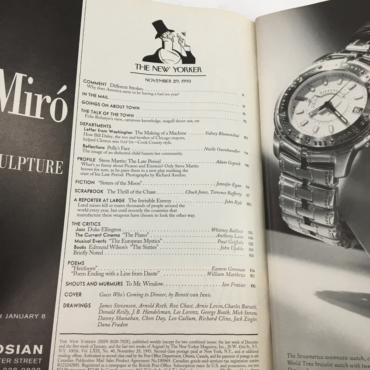 Interior page from The New Yorker Full Magazine November 29 1993, highlighting the table of contents and featuring articles such as 'Guess Who's Coming to Dinner' by Benoit van Innis, along with various sections of the magazine.