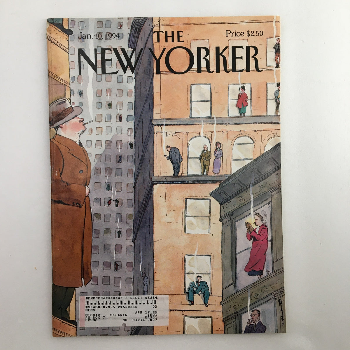 Cover of The New Yorker Full Magazine January 10 1994 featuring the Resolute Smokers artwork by Barry Blitt, showcasing a colorful illustration set in an urban environment.
