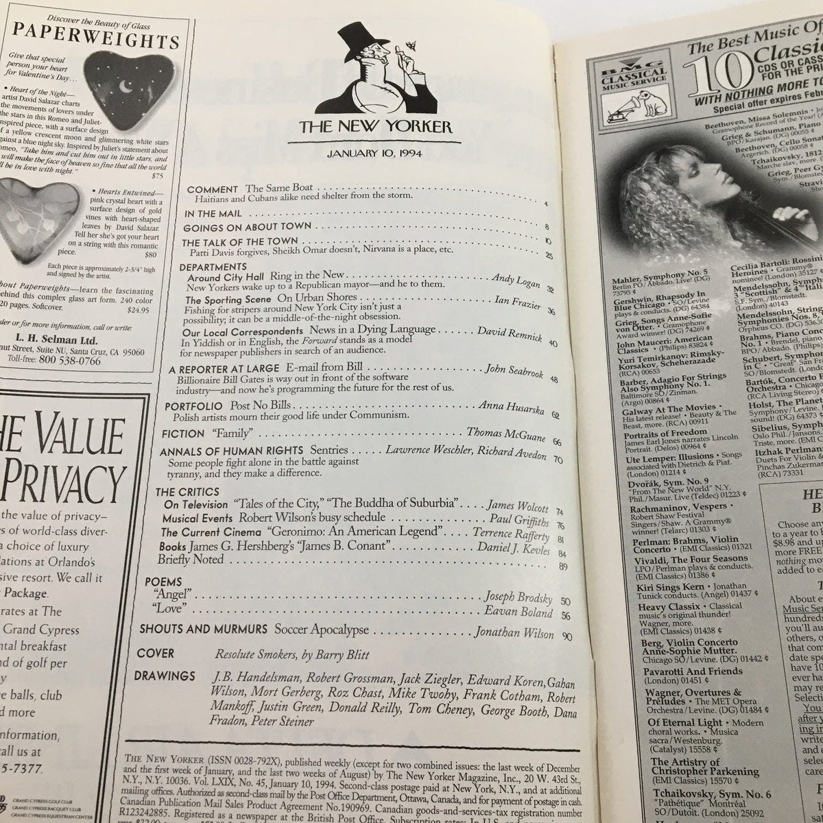 Interior page of The New Yorker Full Magazine January 10 1994, displaying the table of contents with various articles and highlights, including coverage of the Resolute Smokers by Barry Blitt.