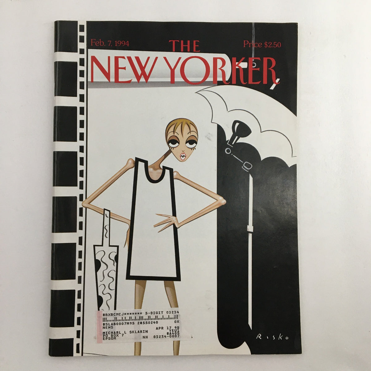 Cover of The New Yorker magazine, February 7, 1994, featuring the artwork 'The Look' by Robert Risko, showcasing a stylish woman in a modern design with an umbrella.