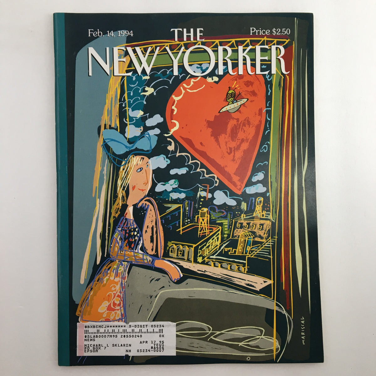 Cover of The New Yorker Full Magazine February 14 1994 titled 'Funny Valentine' by Mariscal, featuring whimsical illustrations, a heart, and a girl looking out a window. The magazine highlights 90s humor and pop culture.