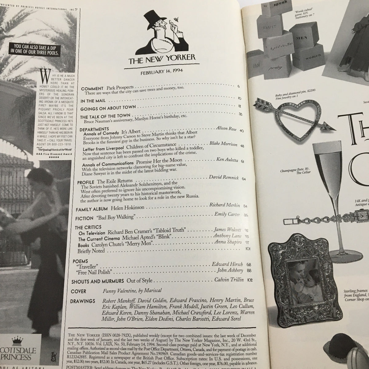 Inside page of The New Yorker Full Magazine February 14 1994 featuring the table of contents, listing various articles and departments, reflecting the magazine's signature style and intellectual commentary.