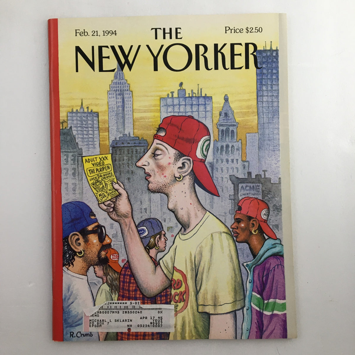 Cover of The New Yorker magazine from February 21, 1994, featuring an illustration by R. Crumb with a man in a cap holding a sign in an urban setting, and the title 'The New Yorker' prominently displayed.