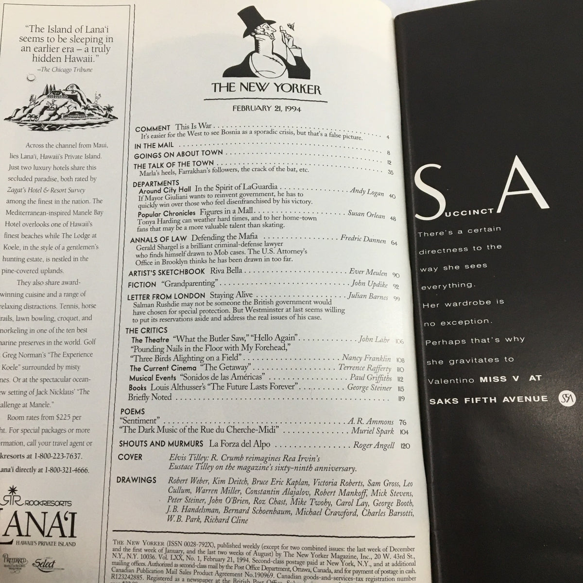 Inside page of The New Yorker magazine, dated February 21, 1994, showcasing the table of contents with article titles, author names, and illustrations, reflecting the magazine's diverse topics and features.