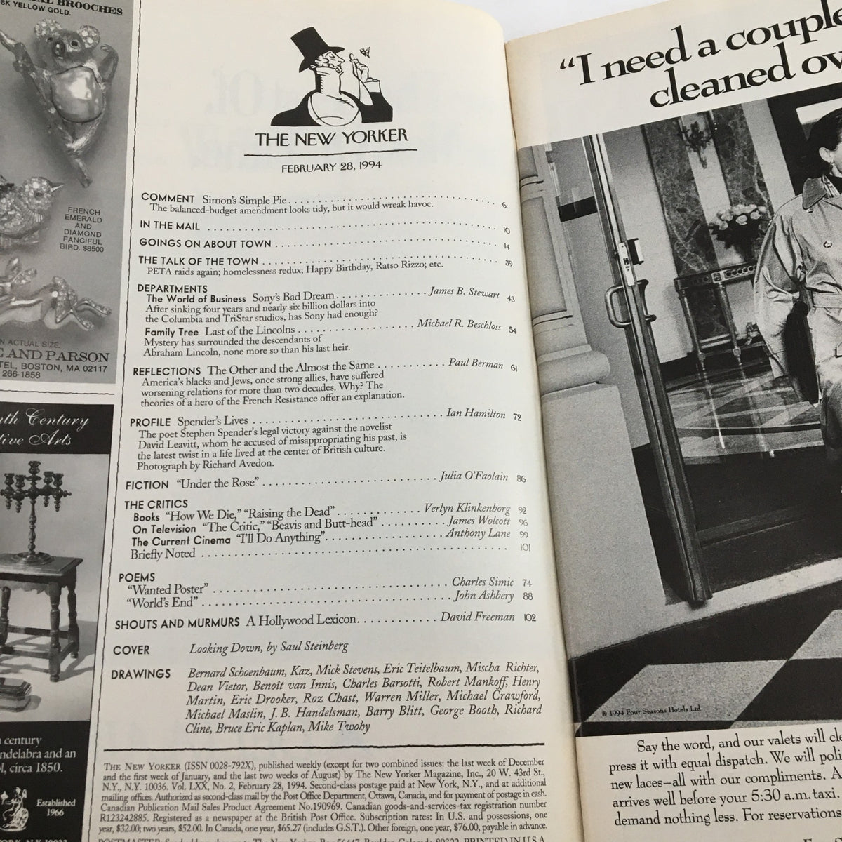 Interior page of The New Yorker Full Magazine February 28 1994, displaying the table of contents with sections and articles that highlight cultural commentary and illustrations.
