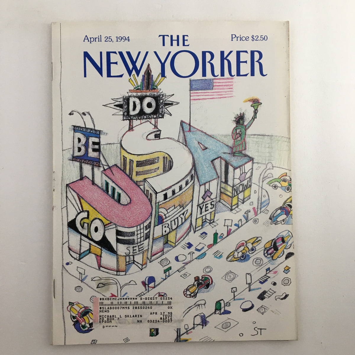 The New Yorker Full Magazine April 25 1994 featuring the vibrant cover illustration titled 'Main Street' by Saul Steinberg, showcasing colorful street signs and motifs emblematic of 90s American culture.