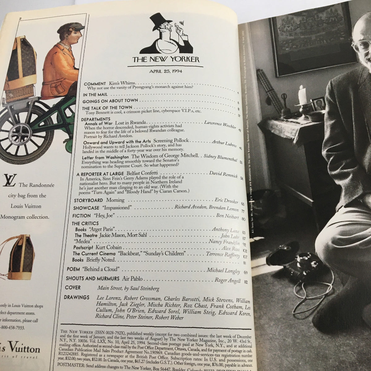 The New Yorker Full Magazine April 25 1994 featuring the table of contents and an illustration by Saul Steinberg. The page showcases various articles and features of the edition, providing a glimpse into the cultural commentary of the 90s.