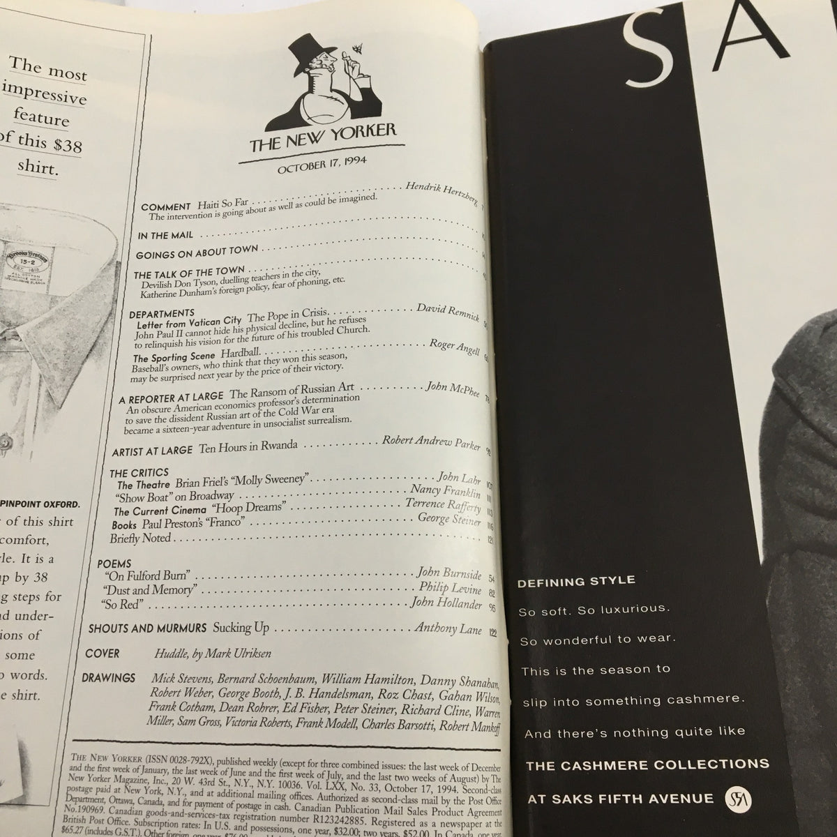 Interior page of The New Yorker Full Magazine October 17 1994, displaying the table of contents and various article titles alongside an advertisement.