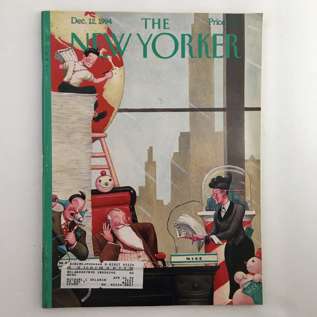 Cover of The New Yorker magazine dated December 12, 1994 featuring a colorful illustration titled 'Santa Claus in Town' by William Joyce, highlighting a whimsical holiday theme with characters and festive elements.