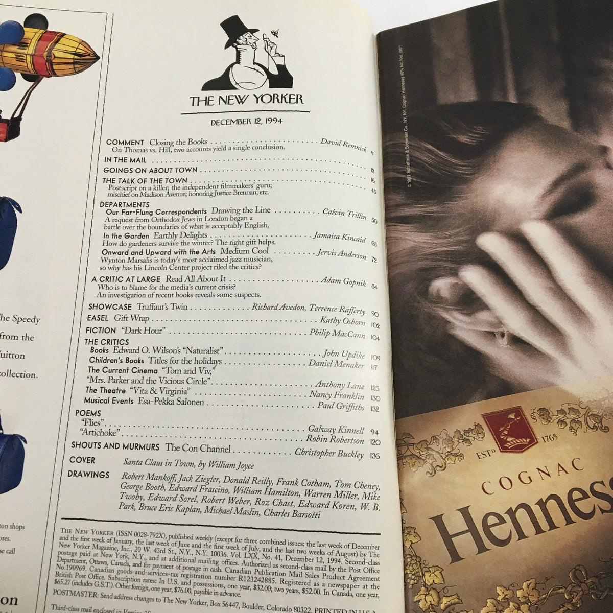 Inside page of The New Yorker magazine from December 12, 1994 showcasing the table of contents, detailing various articles and sections including a comment about 'Closing the Books', and a feature on 'Santa Claus in Town' by William Joyce.