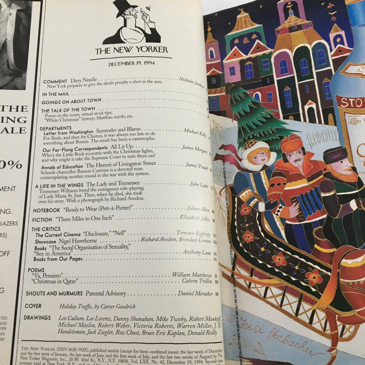 Interior page from The New Yorker magazine, December 19, 1994, featuring the table of contents alongside the colorful illustration for 'Holiday Traffic' by Carter Goodrich.