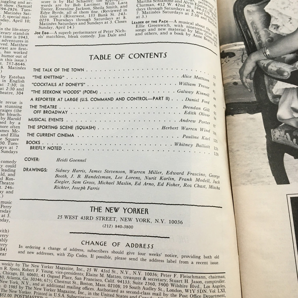 Table of contents from The New Yorker Full Magazine April 8, 1985, highlighting articles and special features of the issue.