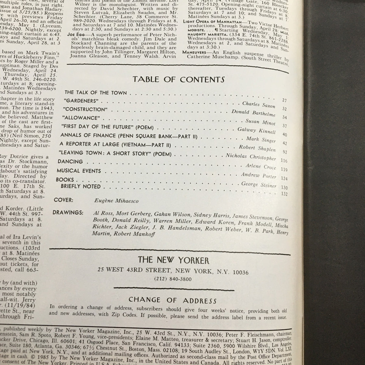 Table of contents from The New Yorker Full Magazine April 29 1985, featuring cover art by Eugene Mihaesco, listing various articles and contributions from noted writers.