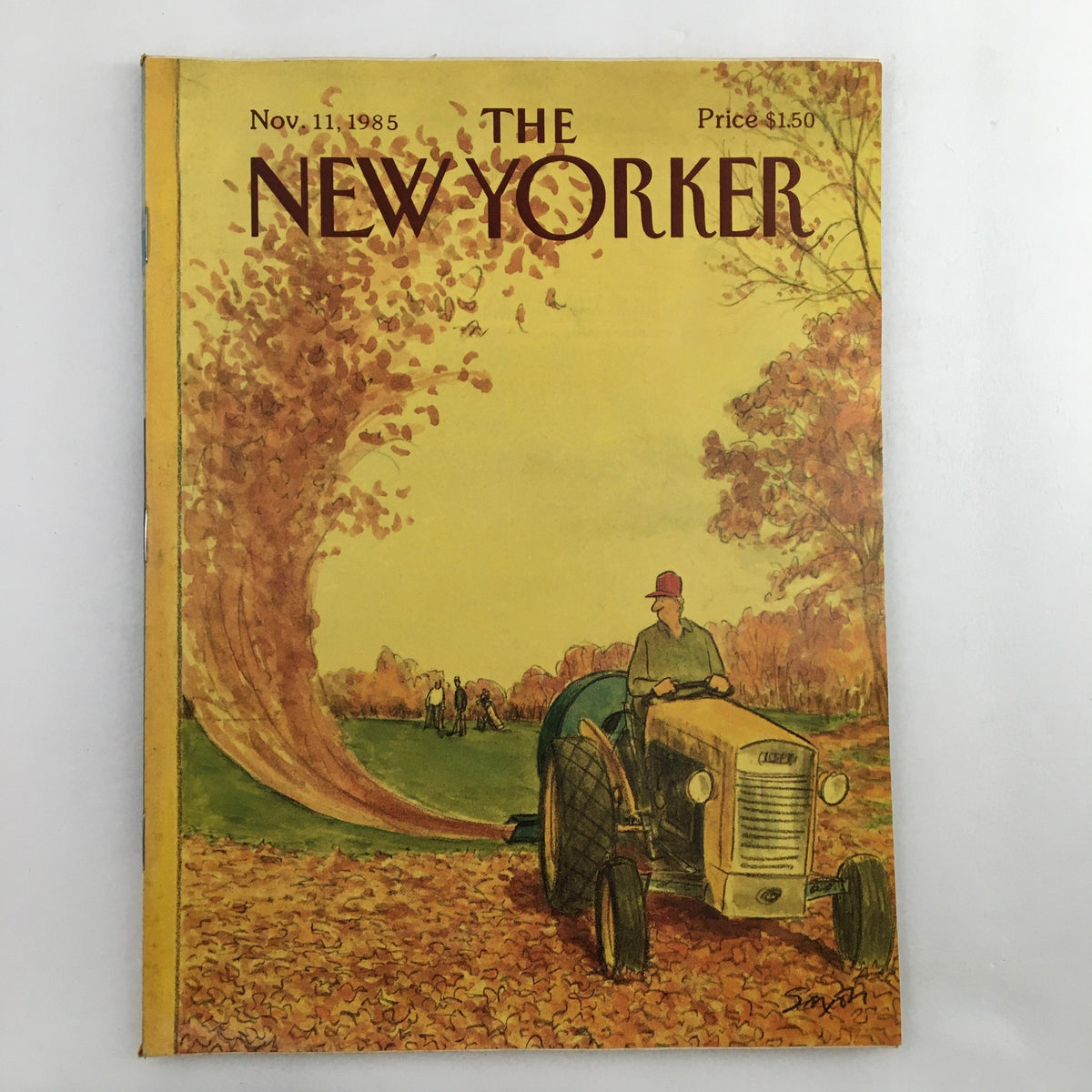 The New Yorker Full Magazine November 11 1985 cover featuring autumn-themed artwork by Charles Saxon, showcasing a man driving a tractor through fallen leaves.