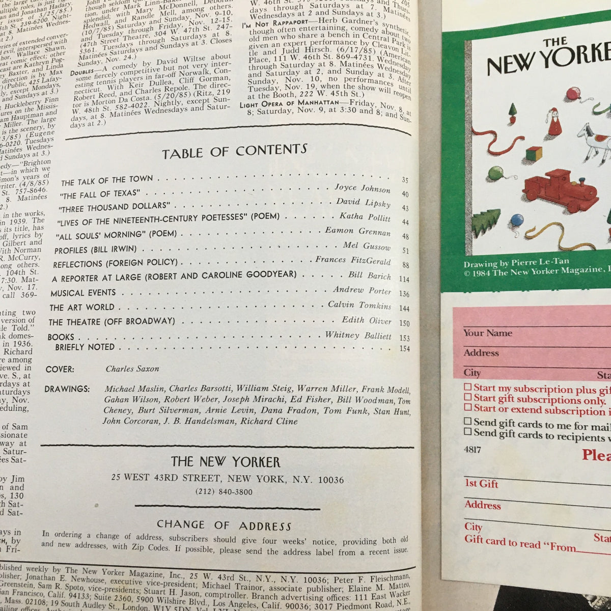 The New Yorker Full Magazine November 11 1985 table of contents page, highlighting notable articles and illustrations, with cover art credited to Charles Saxon.
