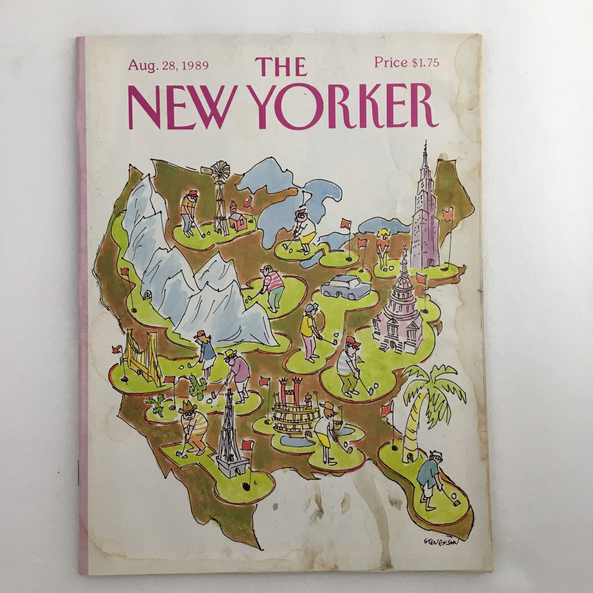 Cover of The New Yorker Full Magazine August 28 1989, featuring a colorful golfing illustration by James Stevenson, depicting various golfing scenes across a map layout.