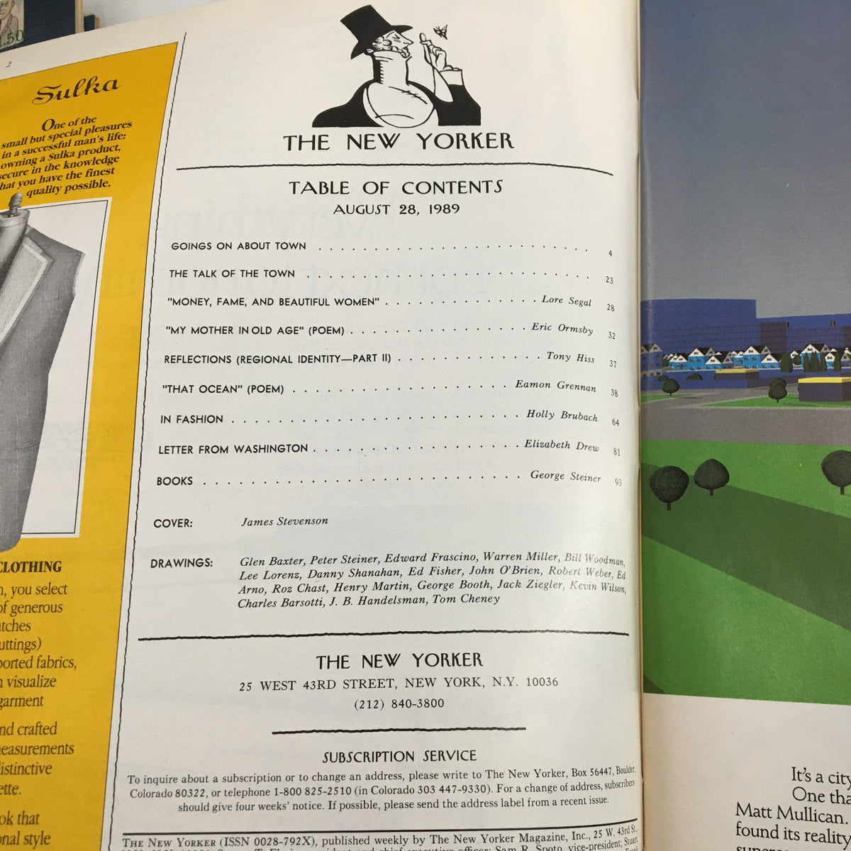 Table of contents from The New Yorker Full Magazine August 28 1989, featuring sections including 'The Talk of the Town', 'In Fashion', and contributions by various authors, alongside cover art by James Stevenson.