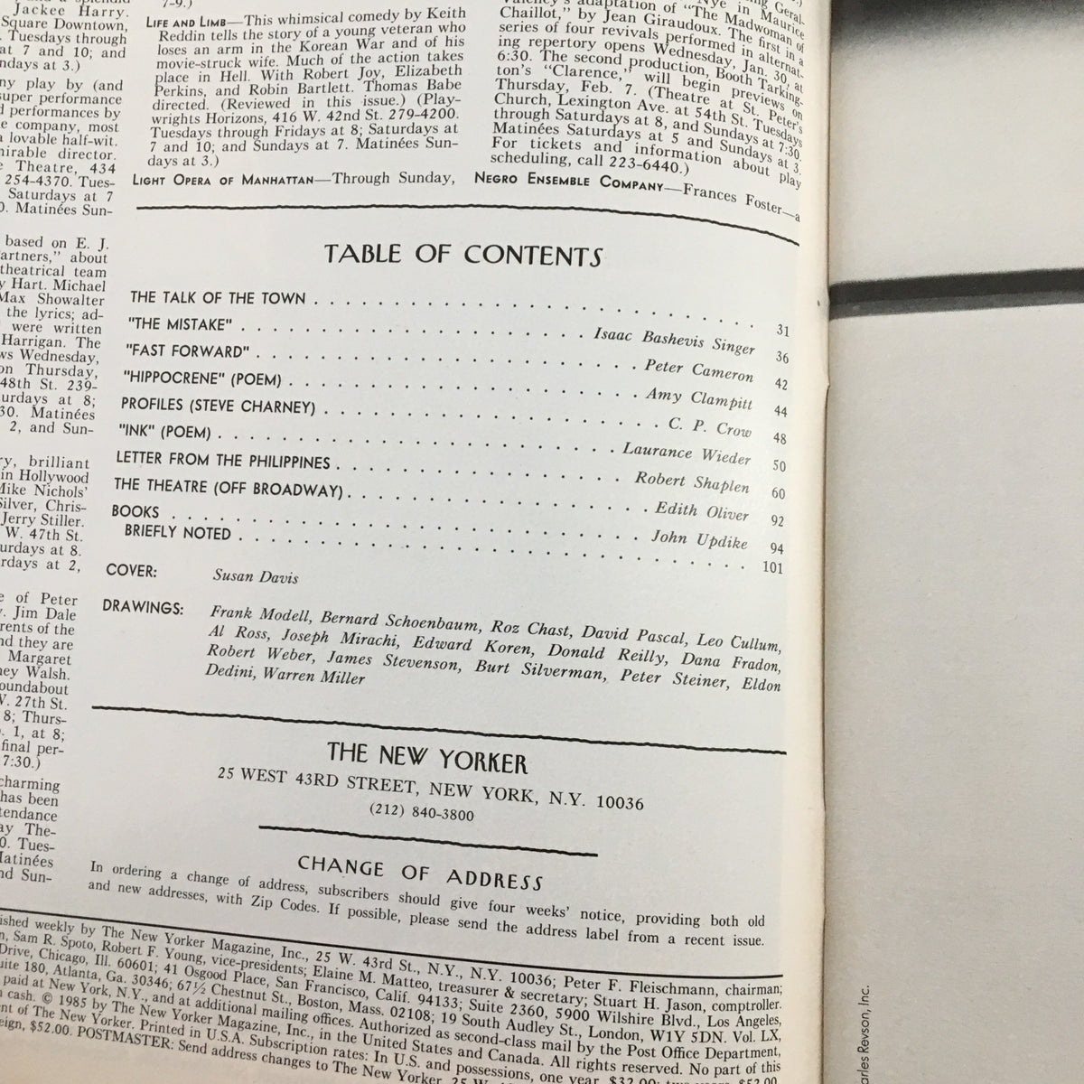 Interior page of The New Yorker Full Magazine February 4 1985 showing the table of contents and cover artist Susan Davis.