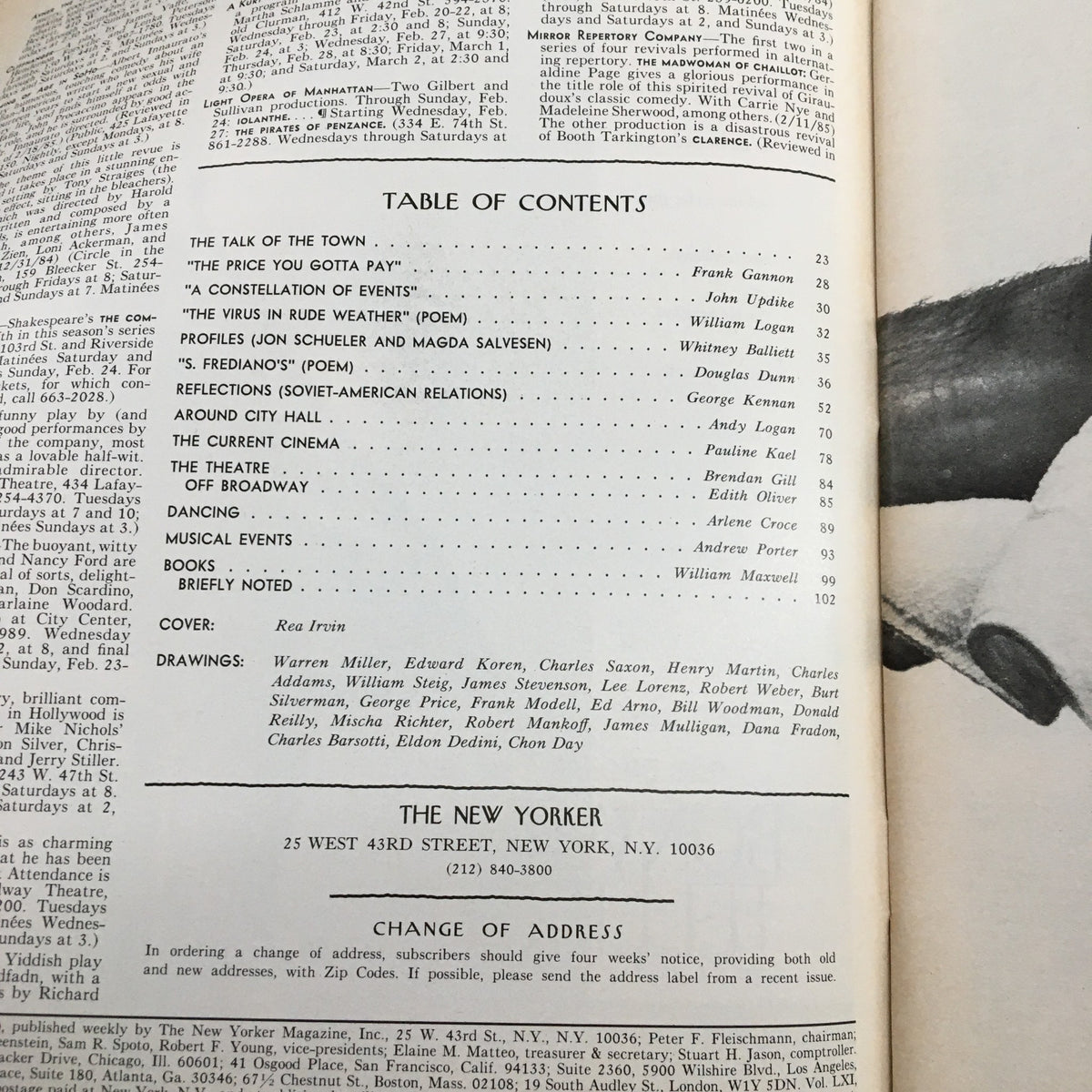Inside page of The New Yorker Full Magazine February 25 1985 displaying the table of contents featuring articles, poems, and drawings with the cover artist credited as Rea Irvin.