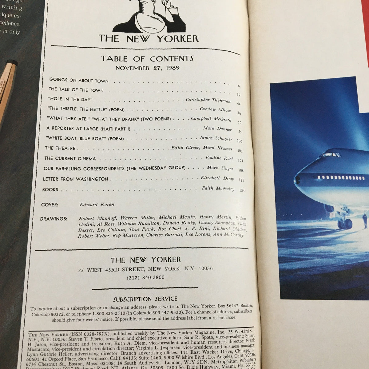 The New Yorker Full Magazine November 27 1989, displaying the table of contents page with features and articles, including the cover art by Edward Koren.