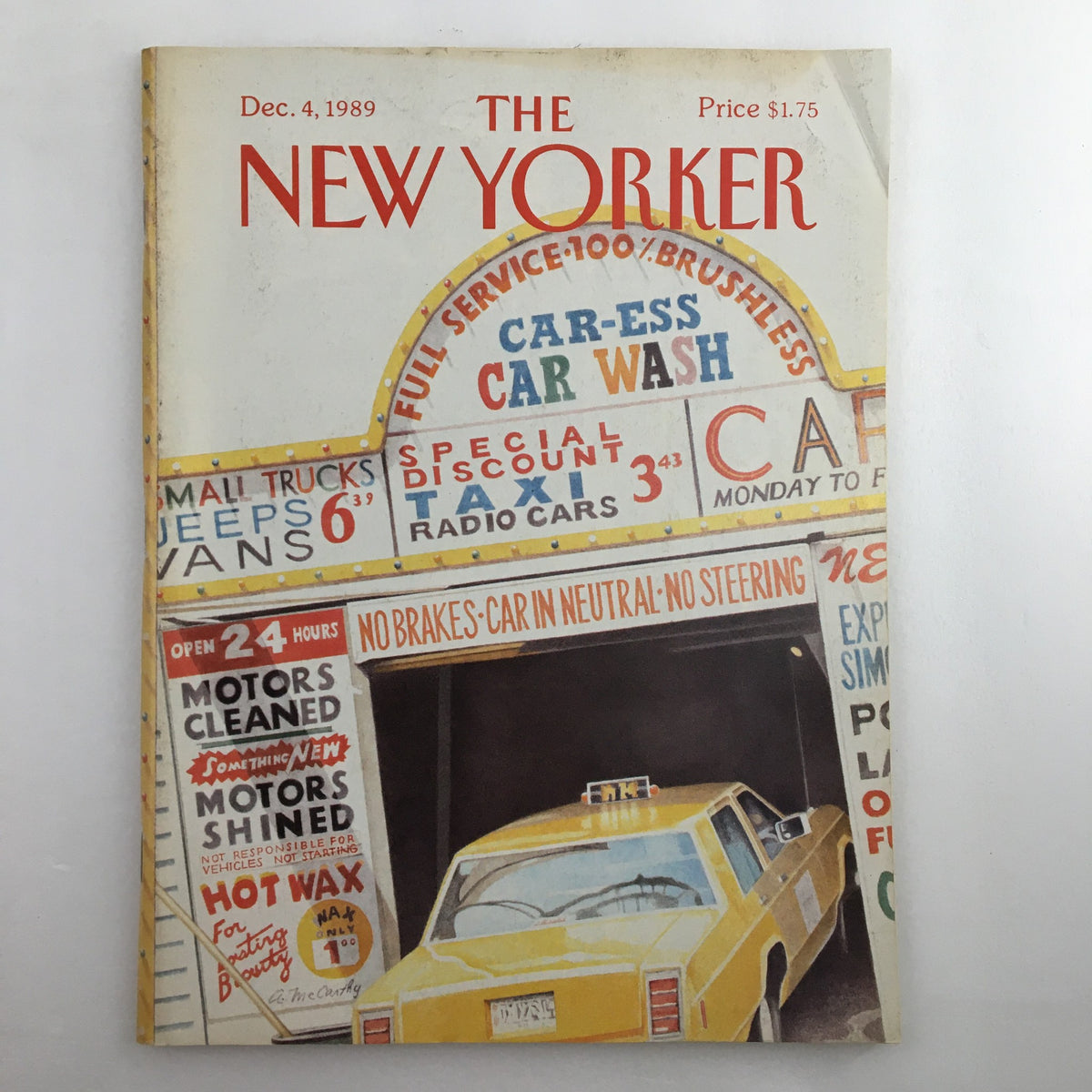 Cover of The New Yorker Full Magazine December 4 1989 featuring the artwork "Car Wash" by Ann McCarthy, showcasing a vintage car wash scene with a yellow taxi.