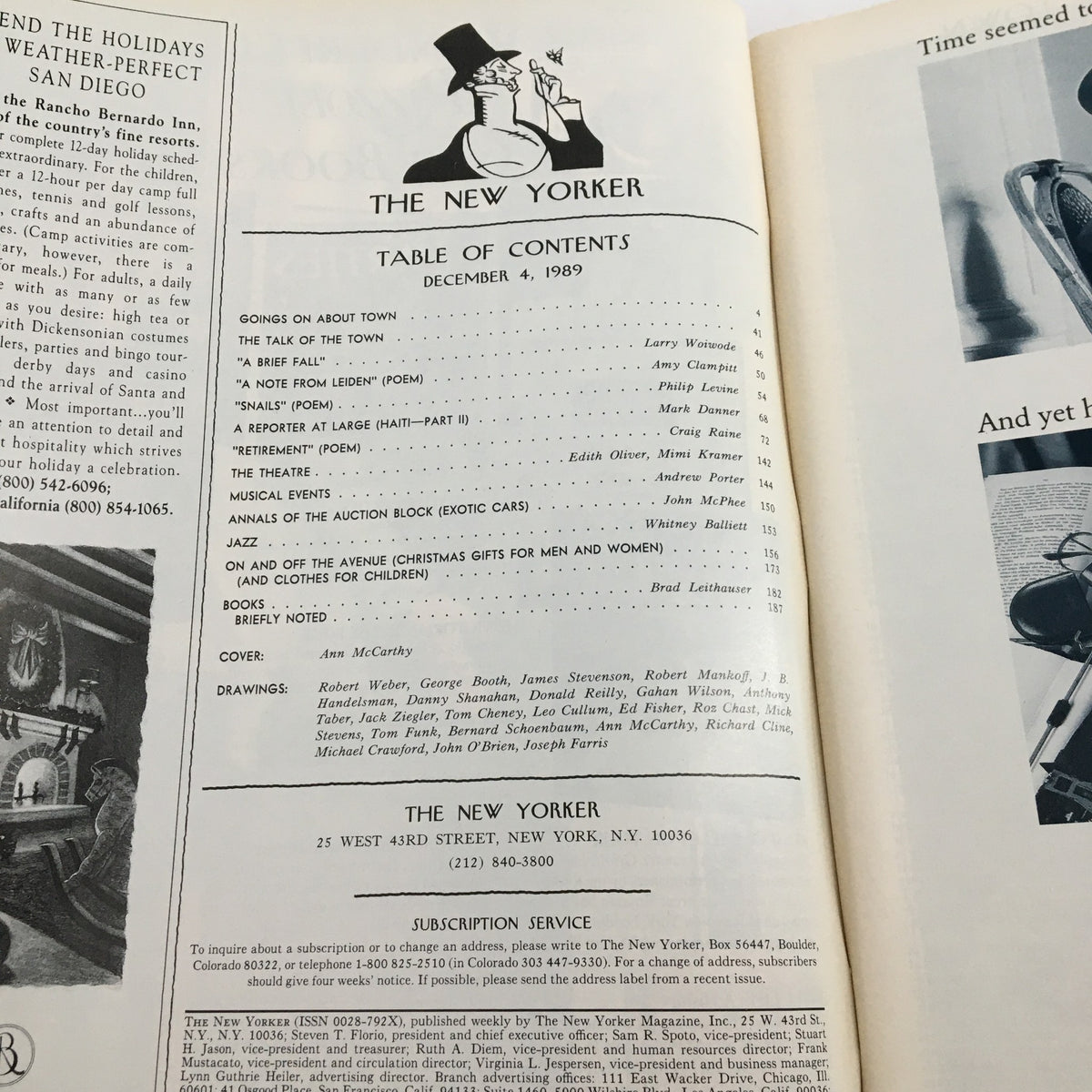 Table of contents page from The New Yorker Full Magazine December 4 1989, outlining featured articles and contributors.