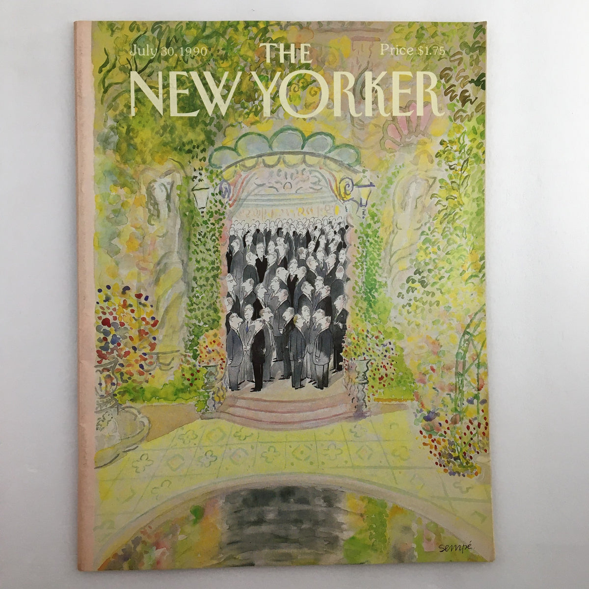 Cover of The New Yorker Full Magazine July 30, 1990 featuring the illustration 'Meeting of Men' by Jean-Jacques Sempé, showcasing a vibrant, colorful scene with a group of elegantly dressed individuals.