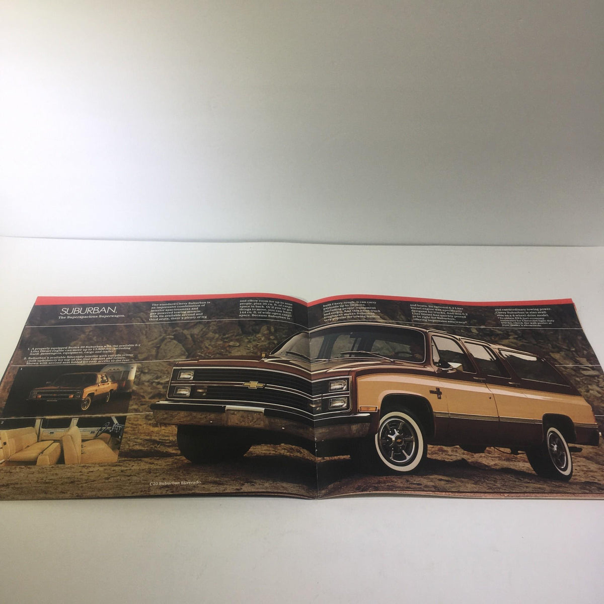 1983 Chevrolet Specialty People-Carriers Caprice Classic V-8 Engine car brochure featuring the Suburban model, illustrating the vehicle's exterior and discussion on its spaciousness.