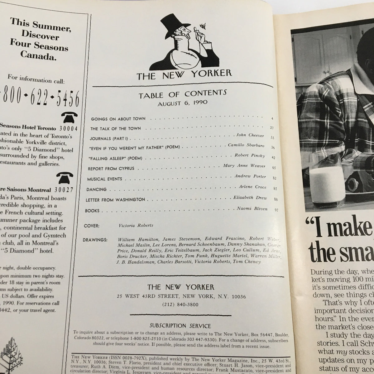 Inside page of The New Yorker Full Magazine August 6 1990 showing the table of contents, including articles and the cover artist Victoria Roberts, highlighting the issue's literary and artistic features.